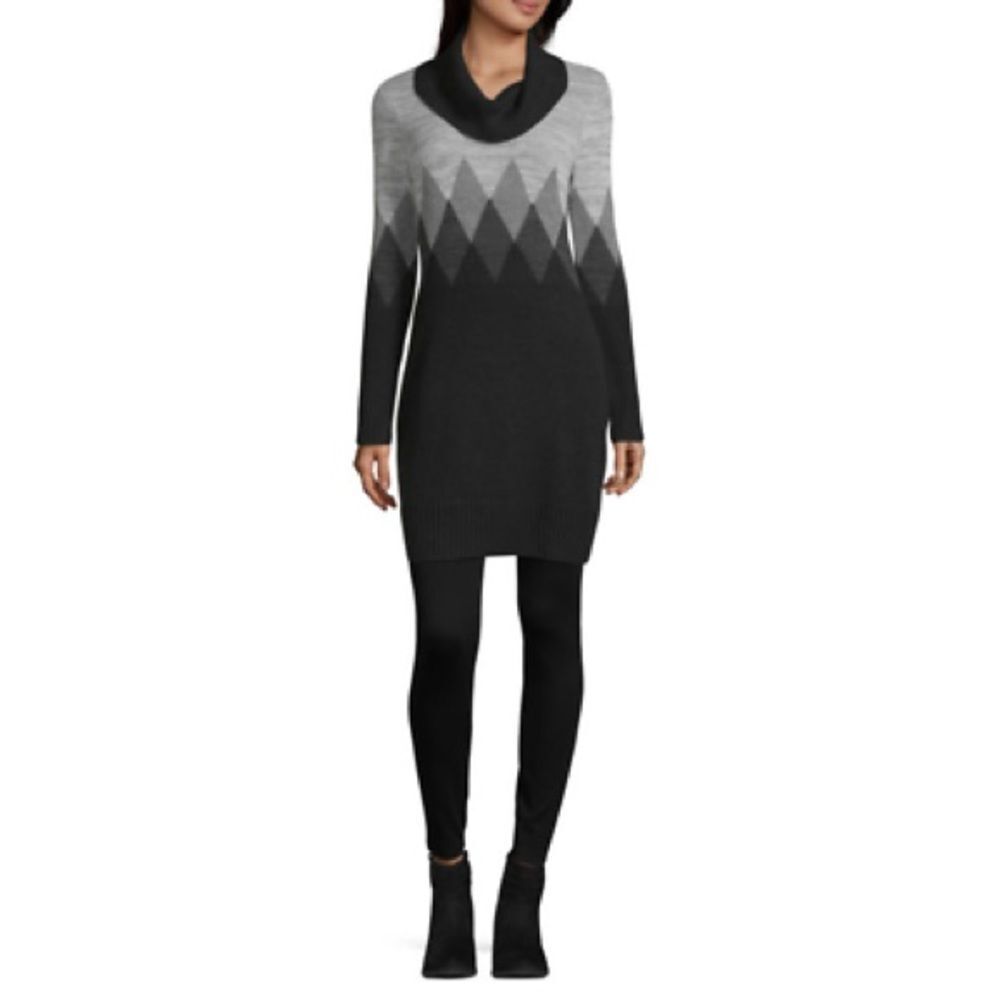 😊 3/$30
NWT sweater dress Long Sleeves Cowl Neck gray & black Sz XS stretchy